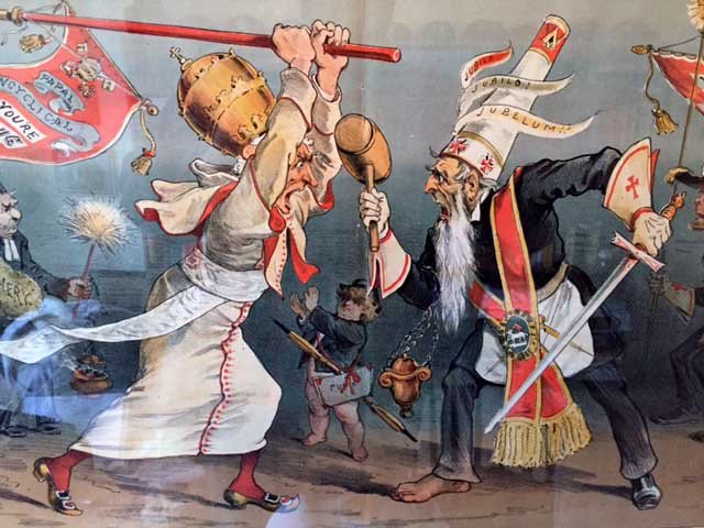 Um cartum de 1891 mostra o Papa Leão XIII combatendo a Maçonaria.